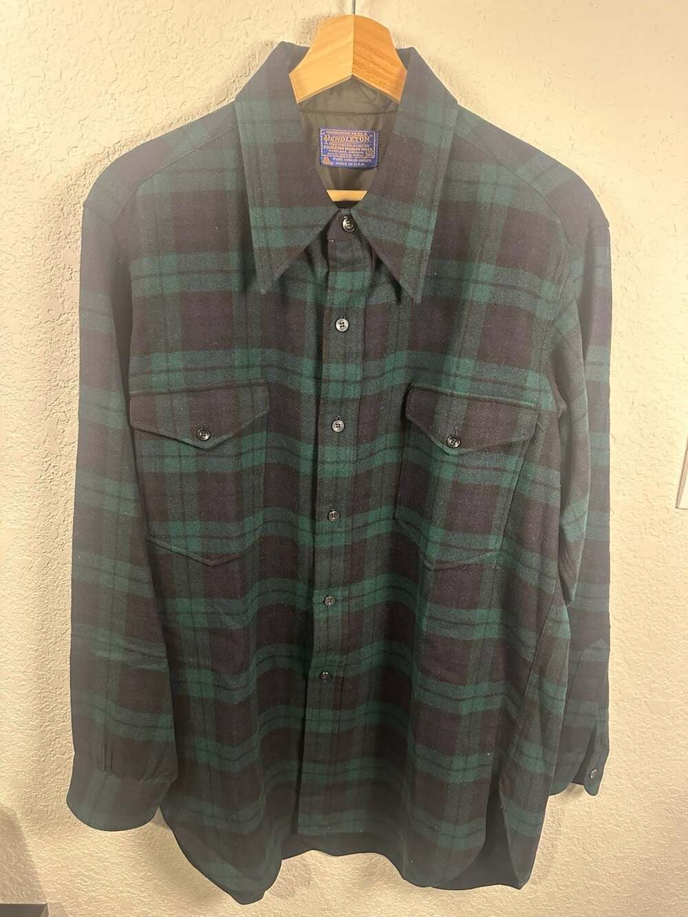 Vintage Pendleton Woolen Mills Black Watch Plaid Pure Virgin Wool Shirt L 16 1/2